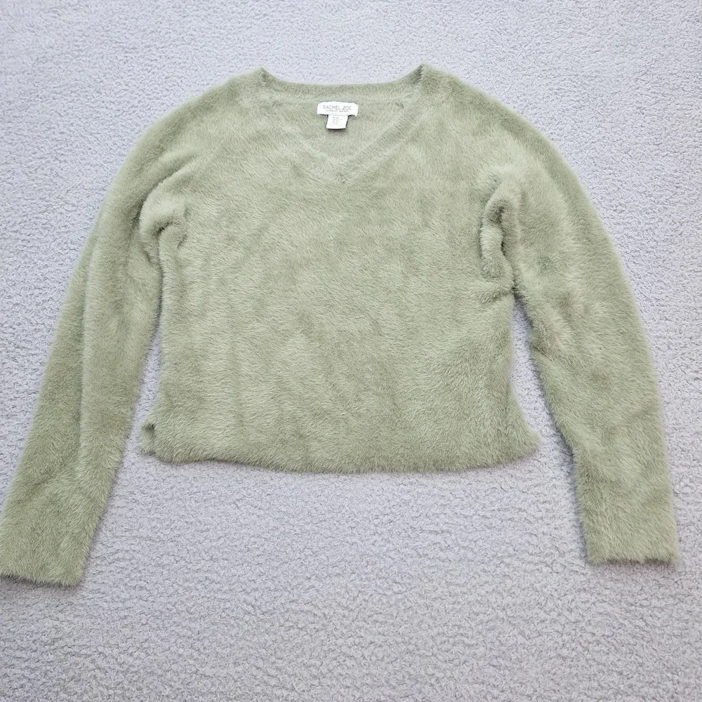 Rachel Zoe Sweater‎ Womens XS Sage Green Fuzzy Eyelash Knit V-Neck Pullover Cozy